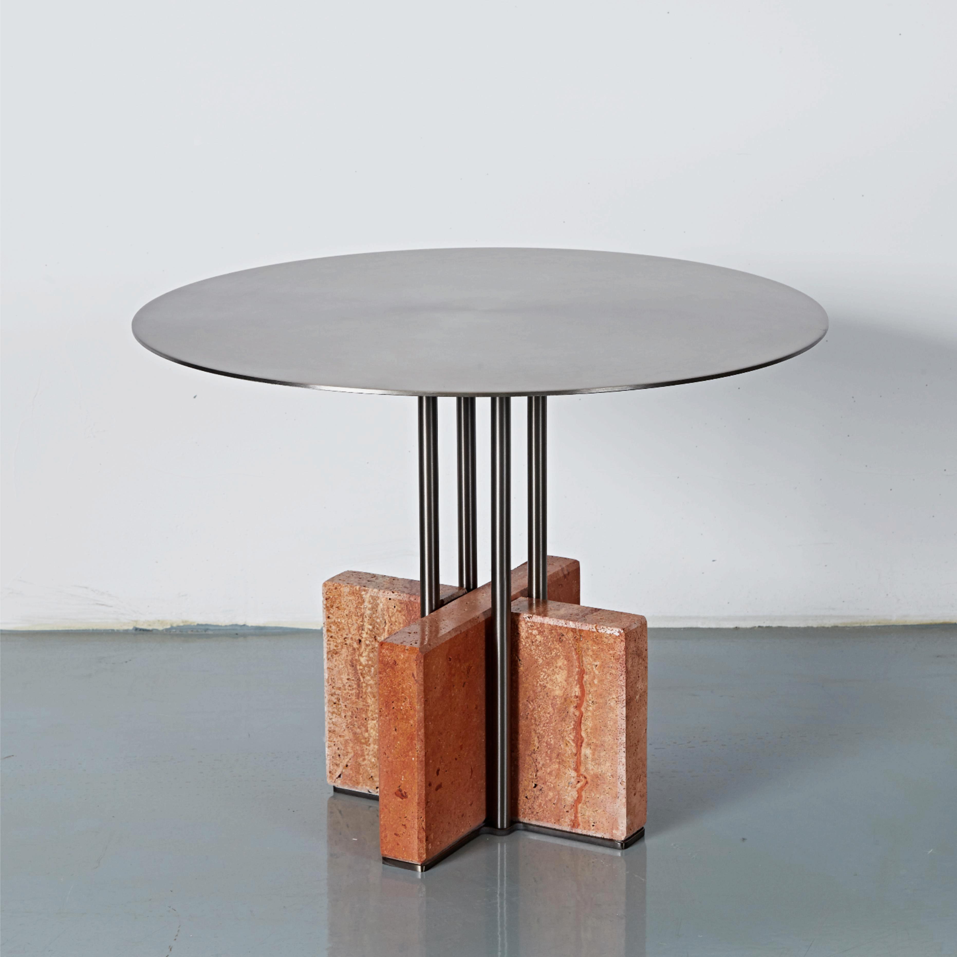 Turkey Red Travertine Coffee Table 304 Stainless Legs Dia 55cm- OEM/ODM Available In Stock | JIA Furniture and Lighting Factory